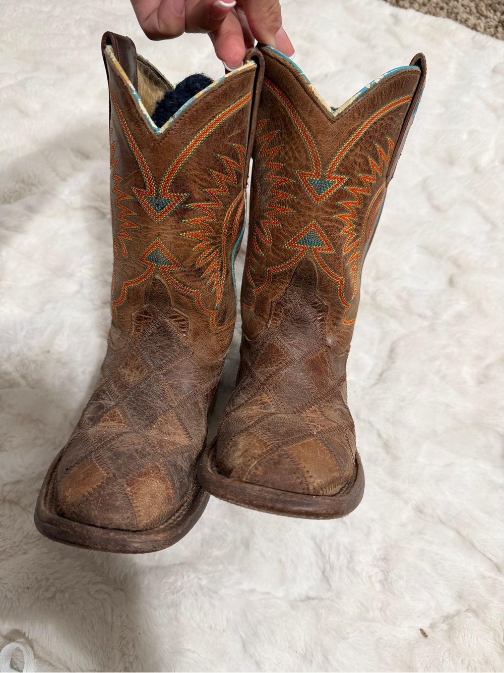 Anderson Bean Kids Brown Leather Cowboy Boots with Orange & Turquoise Stitching
